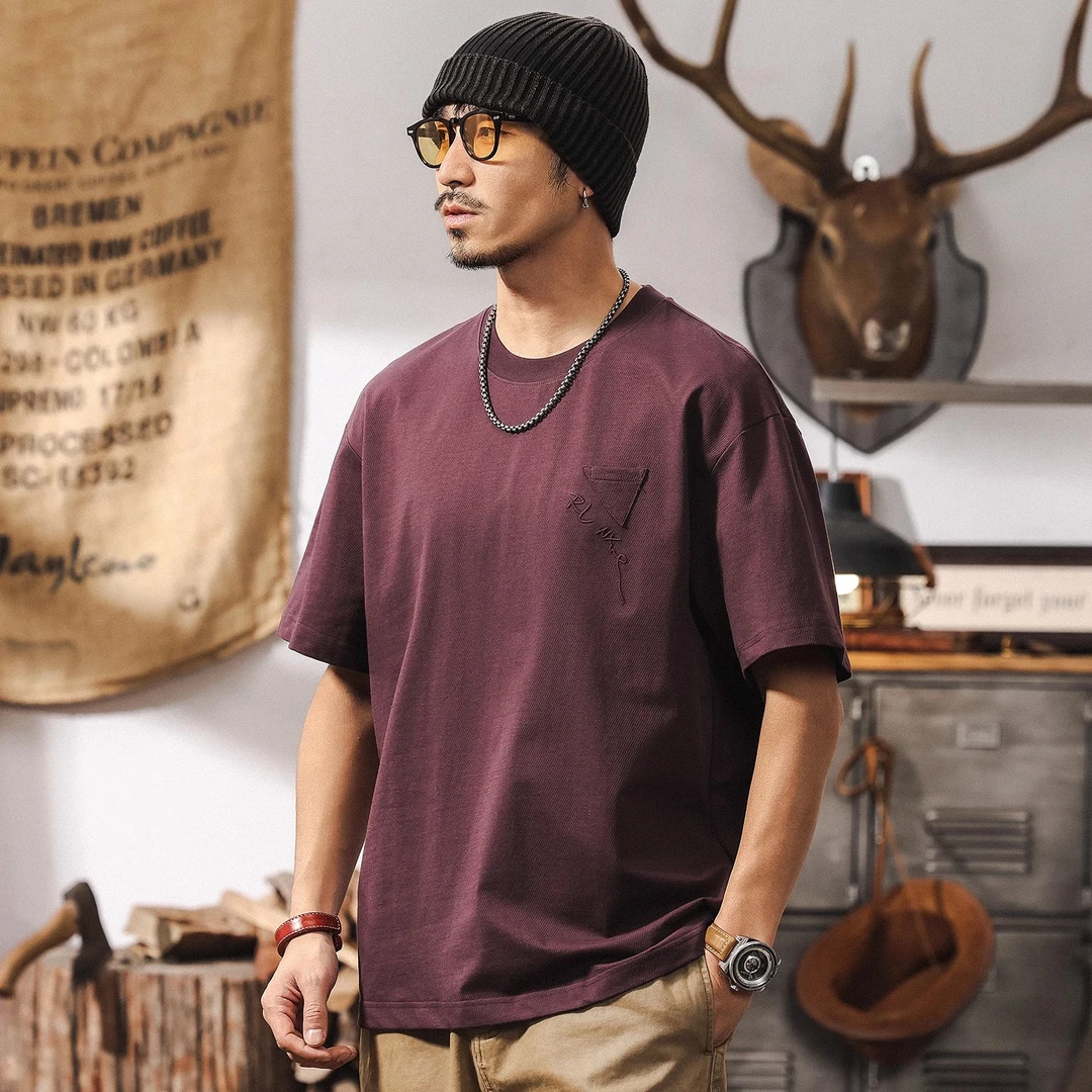 美式复古斜纹肌理短袖t恤男夏季2025新款宽松潮牌紫色多巴胺上衣