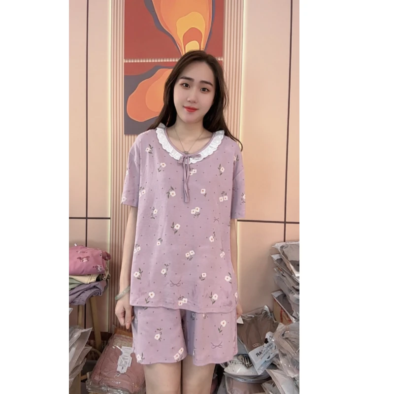睡衣女夏季新款纯棉短袖短裤可外穿家居服套装（波点紫花朵）
