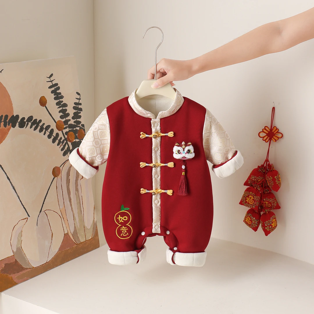 婴儿冬装新款夹棉中国风唐装连体衣宝宝秋冬加绒周岁满月抓周礼服