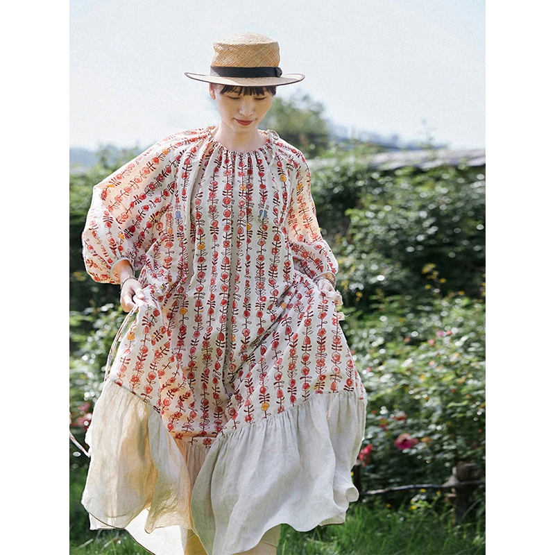 夏季文艺复古原创休闲女装虞美人印花亚麻棉宽松大码长款连衣裙