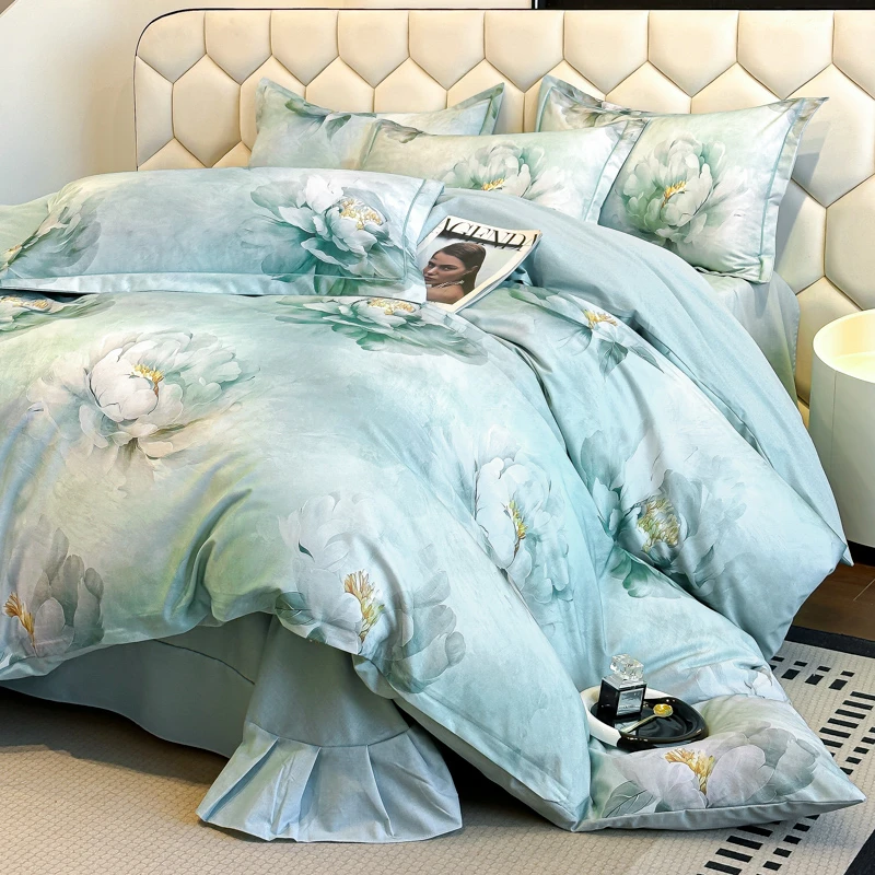 新款高级感时尚全棉简约床单双面加厚长绒棉数码印花四件套