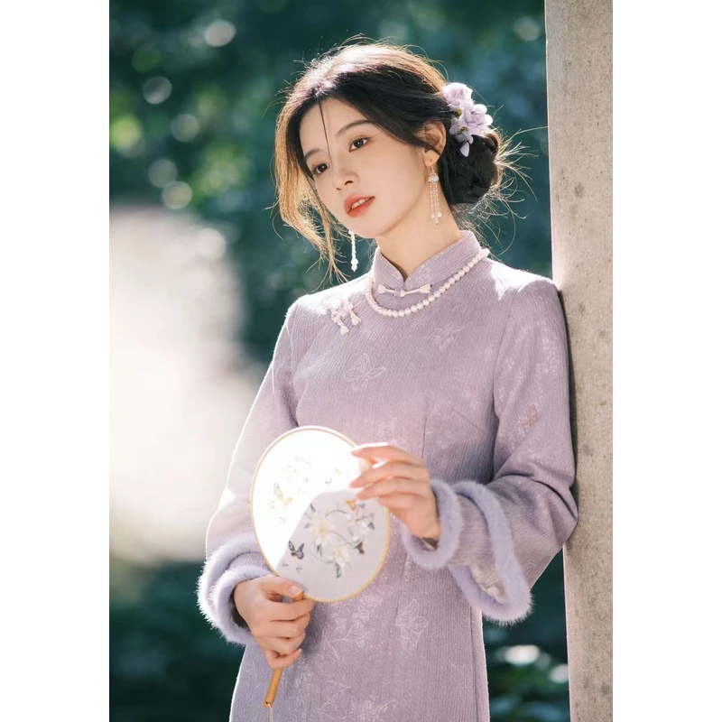 1474 【烟紫】 紫色 双袖 条纹 缠结扣 旗袍【没有项链】