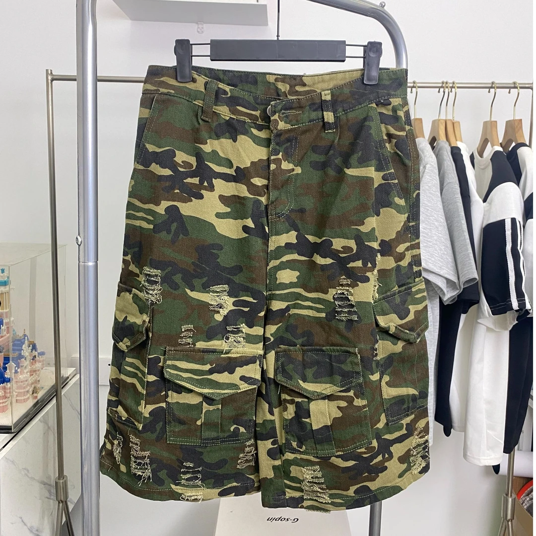 破坏迷彩水洗做旧六分裤美式复古多口袋破洞工装裤宽松阔腿短裤男