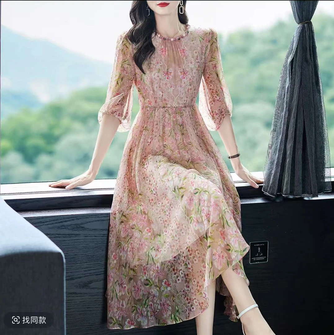 【701-752】时尚气质显瘦连衣裙收腰修身显瘦裙子碎花洋气夏季复古