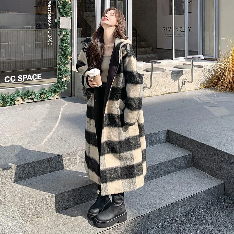 黑白格子连帽斗篷毛呢外套女2025新款韩版宽松加厚中长款呢子大衣