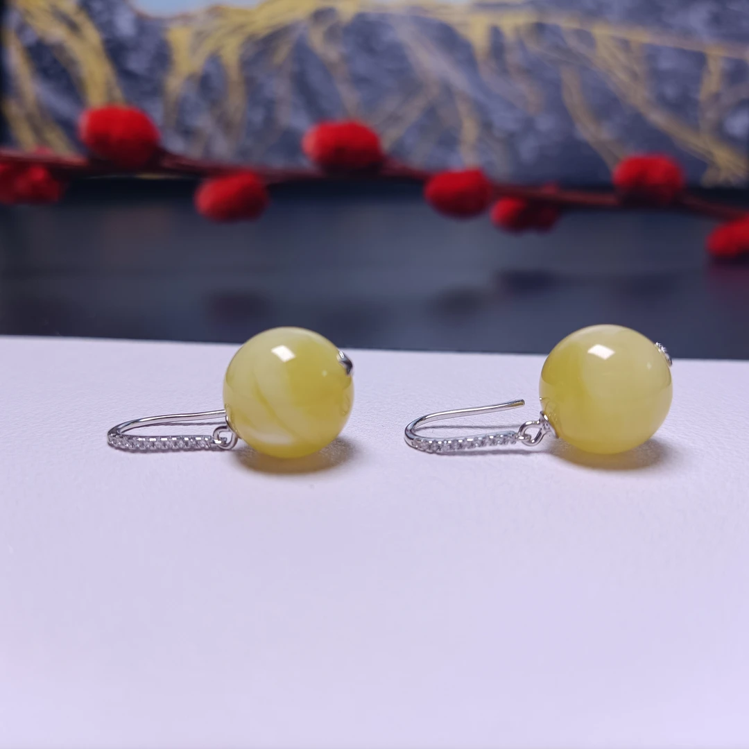 天然蜜蜡圆珠耳坠~金白溶洞妖花品质~12+珠径~4230