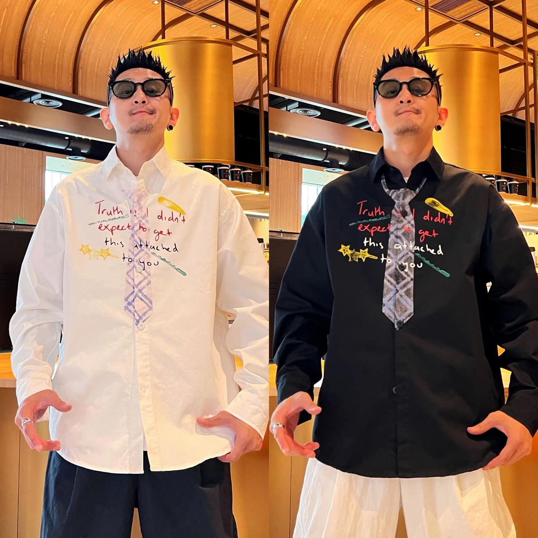 美式休闲纯棉舒适透气撞色字母领带印花情侣同款秋季长袖翻领衬衫