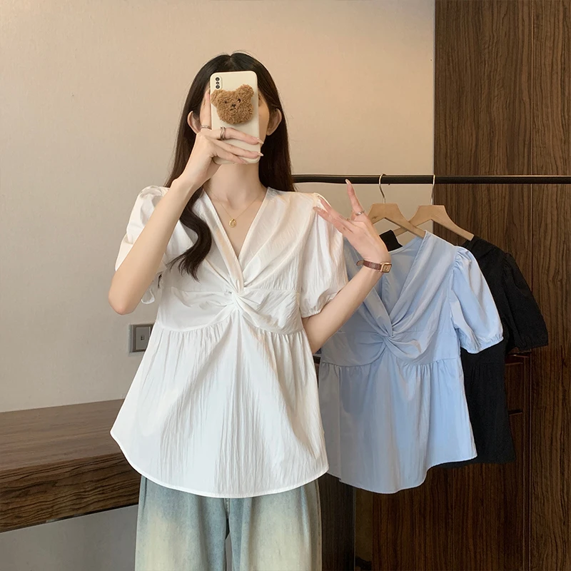 A大码法式小清新v领短袖衬衫女夏季2025新款气质荷叶边泡泡袖上衣
