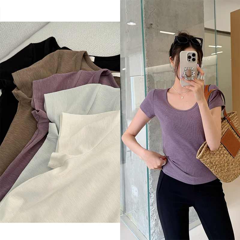 「子熙原创」2025夏季新款百搭短袖上衣女圆领高弹力针织打底衫4435