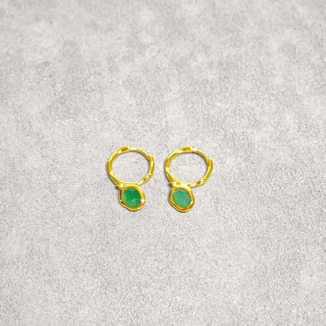 【银镀金】摩瑟DP【金色不规则绿石耳吊】JCDF花瓶摆件玻璃花盆