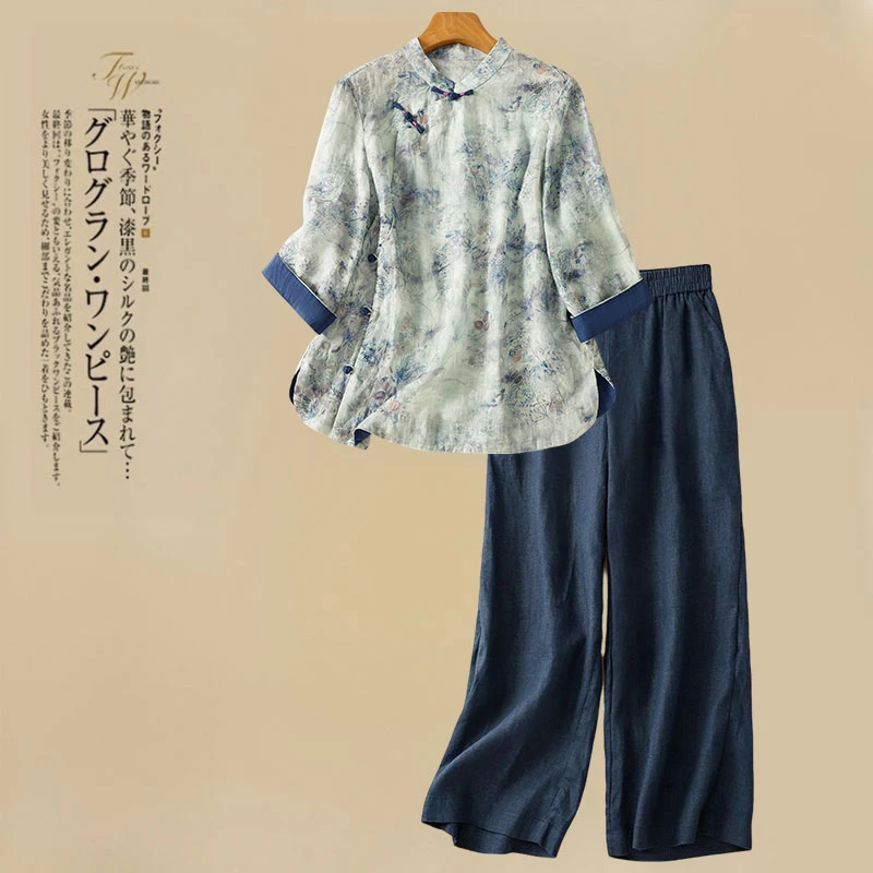 夏季新款新中式亚麻上衣中式复古改良国风小衫显瘦九分裤时髦套装