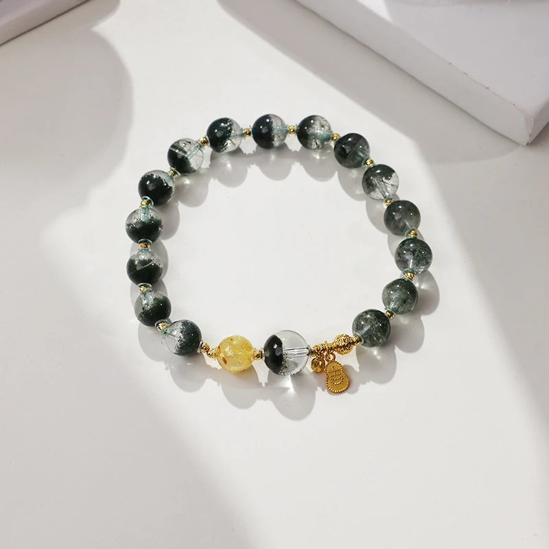 【金玉满堂】暴富机遇 绿幽灵板钛晶18k金天然水晶手串