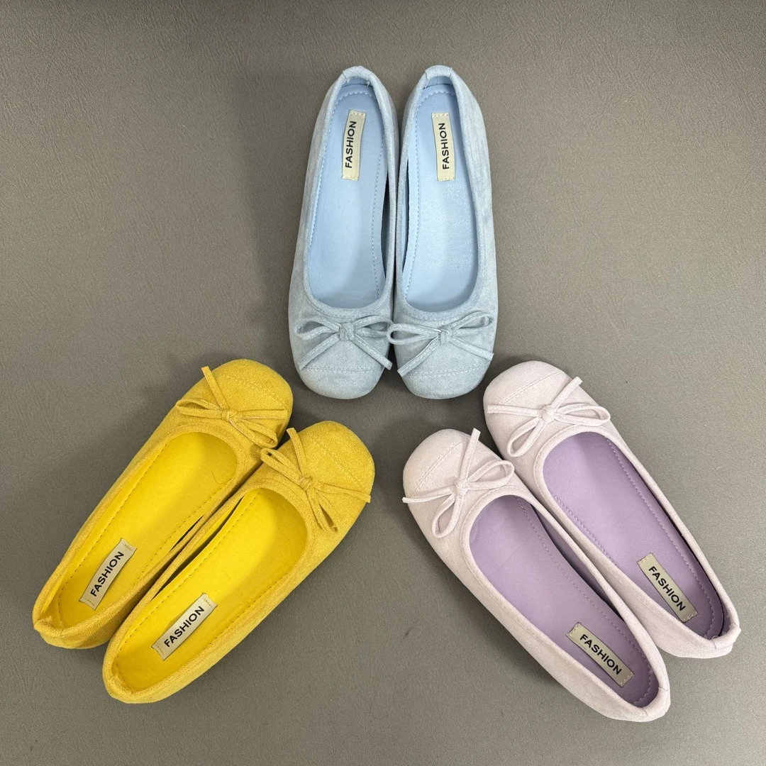 增高4.5）羊京绒面蝴蝶结浅口单鞋春夏新款一脚蹬平底芭蕾鞋