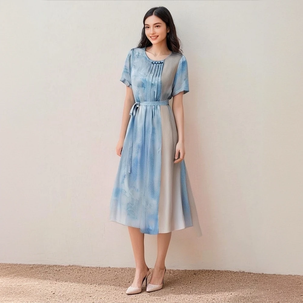 桑忆（霜染）桑波缎100桑蚕丝连衣裙国风长裙时尚气质提花  L5326