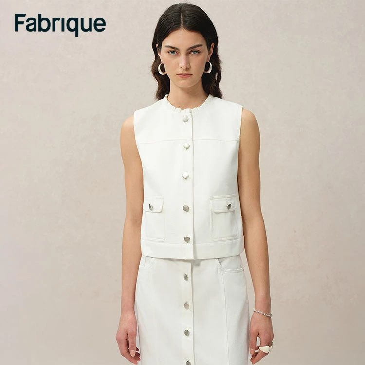 Fabrique Ivan 春夏新款纯白莱赛尔牛仔褶饰小立领无袖背心马甲