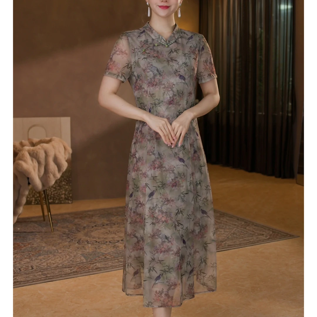 【香妮芬】83363高档弹力水晶纱水墨画妈妈连衣裙女新款显瘦优雅