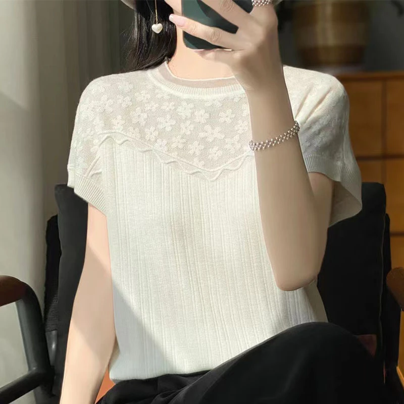 【莱赛尔天丝】~减龄显瘦圆领纯色花边蕾丝针织短袖打底上衣女 1094