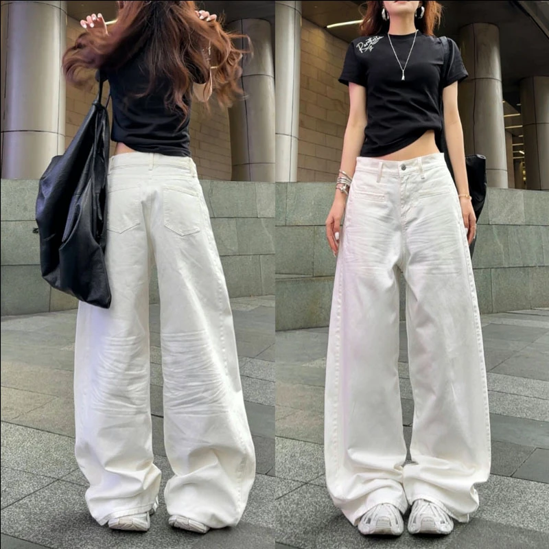 33982立体抓痕洗水直筒牛仔裤2025年春季新款压褶白色阔腿牛仔裤