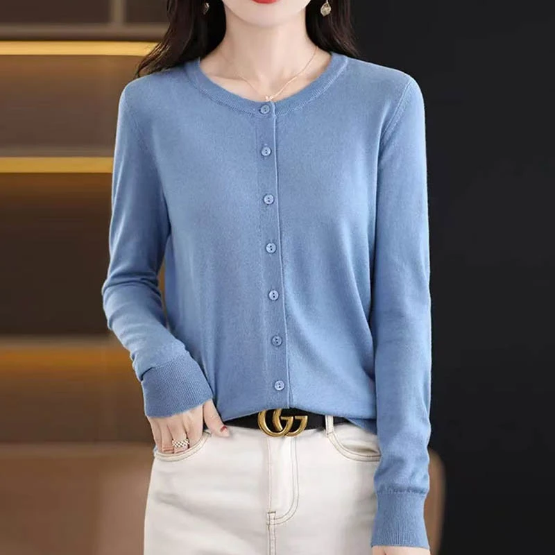 1001-1100春夏薄款冰丝针织开衫外套女圆领长袖纯色上衣