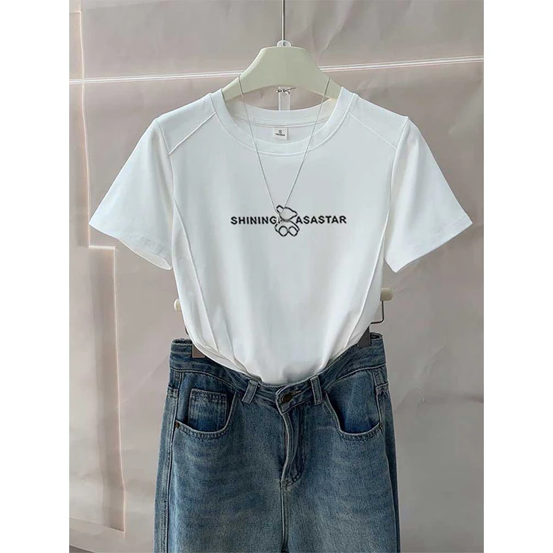 2025夏季新款领口线条白色t恤女小众设计感修身短袖显瘦正肩上衣
