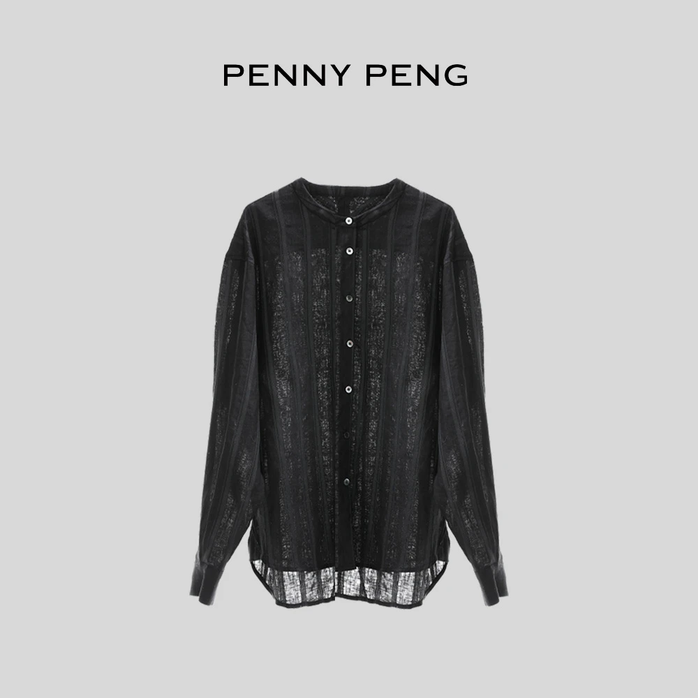 PENNYPENG返璞归真【现货】春季气质简约显瘦黑色圆领亚麻长袖衬衫