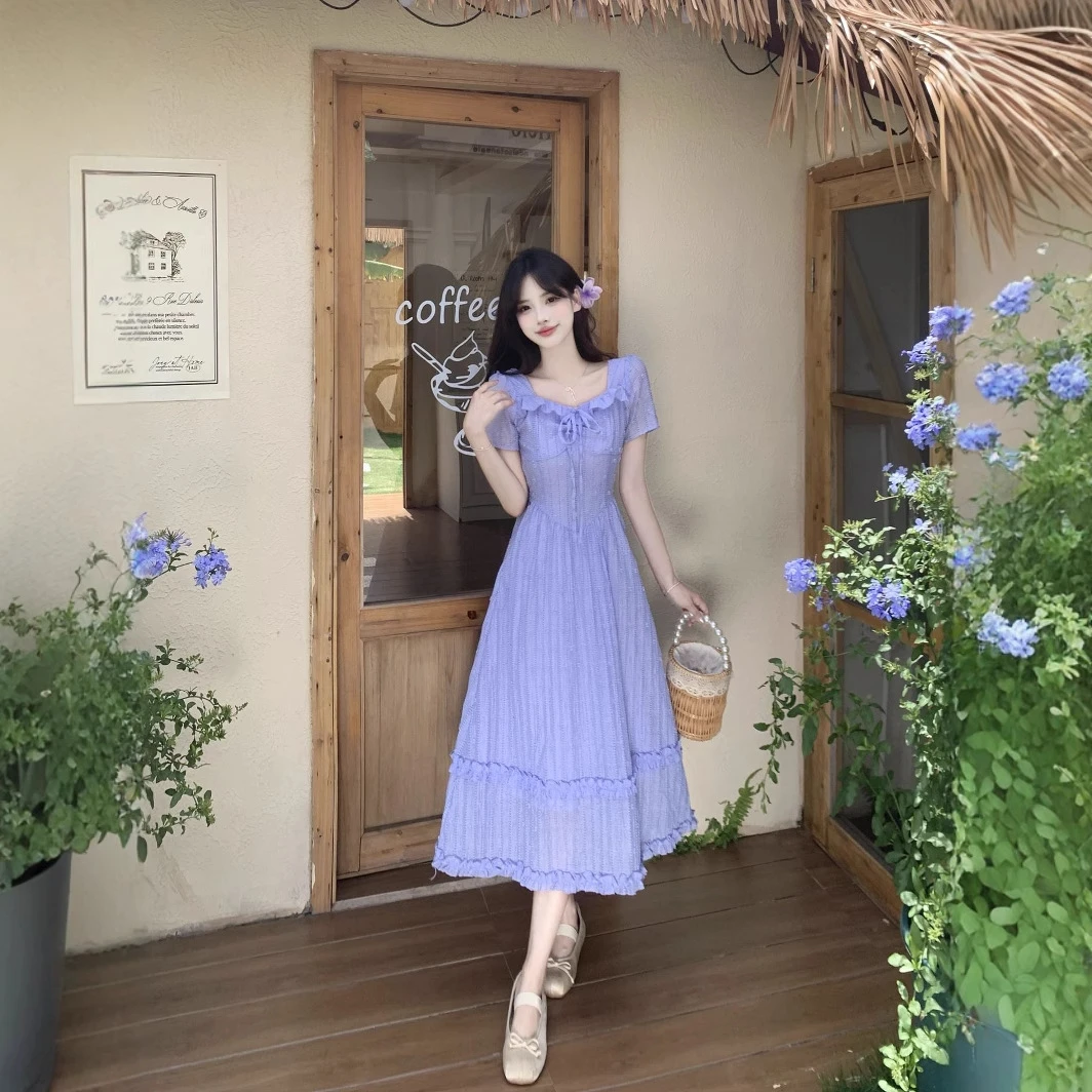 同款实拍短款代发实物长款大码法式气质方领绣花字蝴蝶结连衣裙