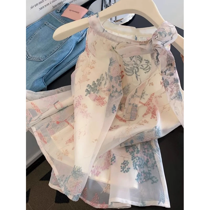 巨舒服！巨喜欢这件！国风刺绣花色背心女夏季系带蝴蝶结无袖小上衣