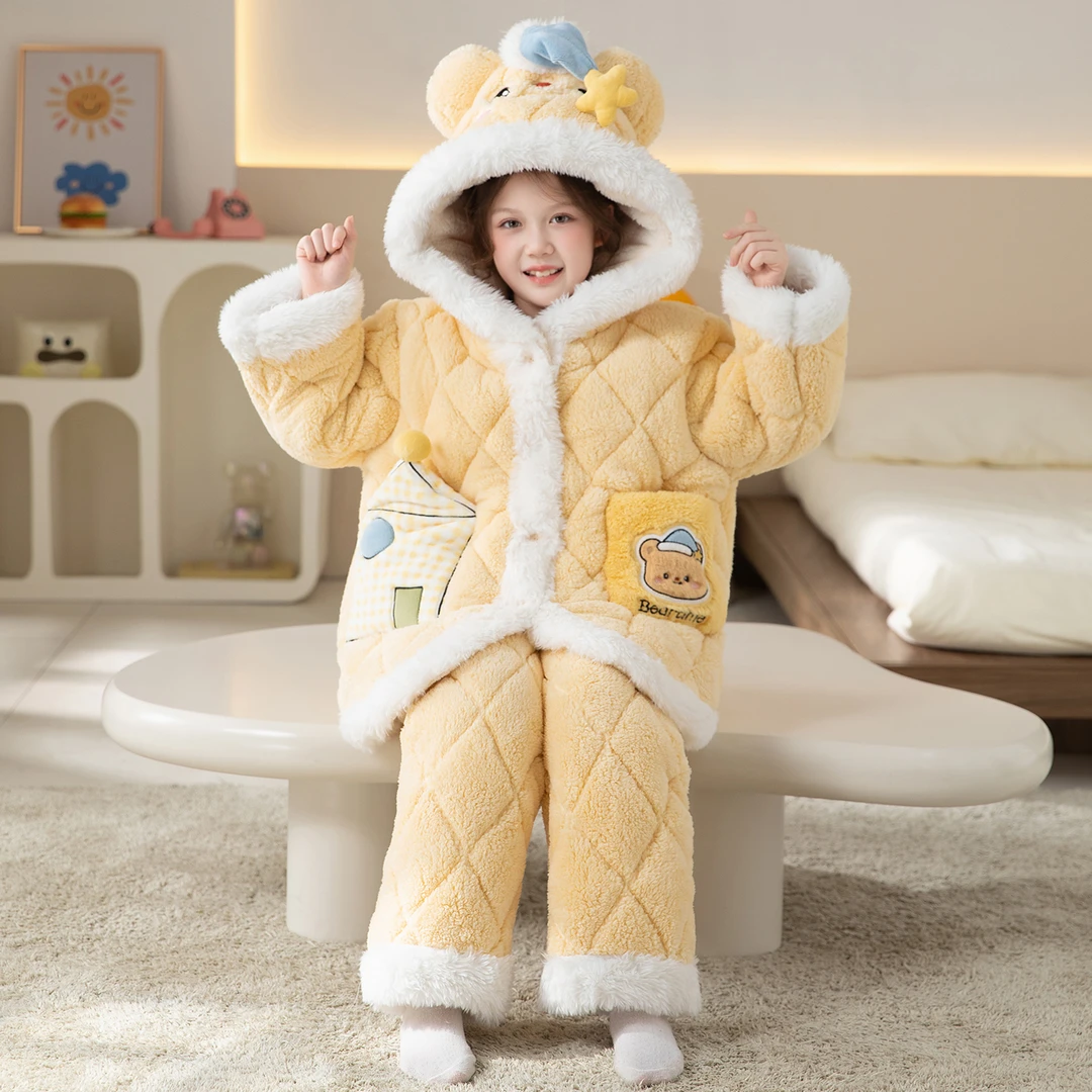 女童法兰绒睡衣冬季新款儿童三层夹棉加绒加厚保暖洋气连帽家居服