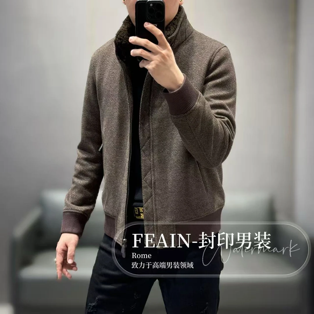 【顺丰包邮】高端定制真羊羔毛领可拆卸羊毛混纺老钱风夹克25595