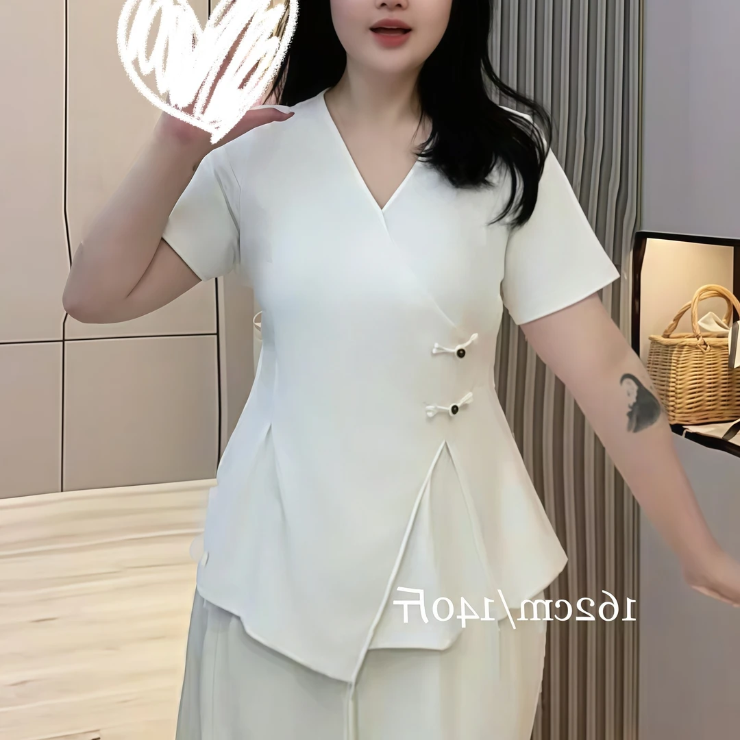胖MM否 M25033棉的正肩T恤夏季国风显瘦开叉别致遮肚子藏肉上衣