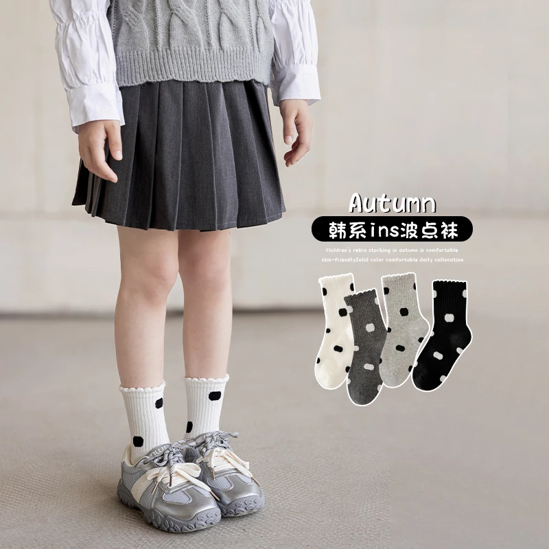 儿童袜子春秋百搭韩系纯色ins学生大波点韩版袜秋冬花边中筒棉袜