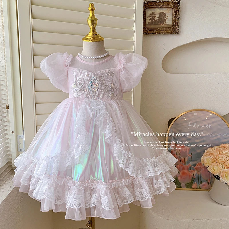 2025夏“冰雪公主”韩版女童泡泡袖亮片蕾丝洛丽塔公主裙92973