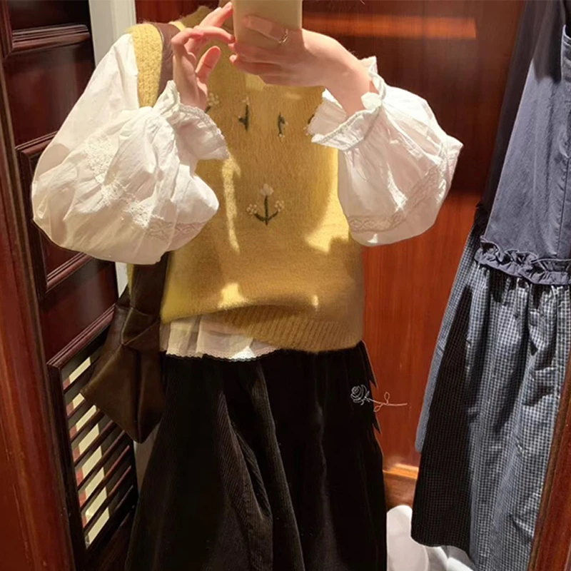 【丹姐家~黄桃花朵马甲】百搭减龄圆领羊毛花朵针织马甲