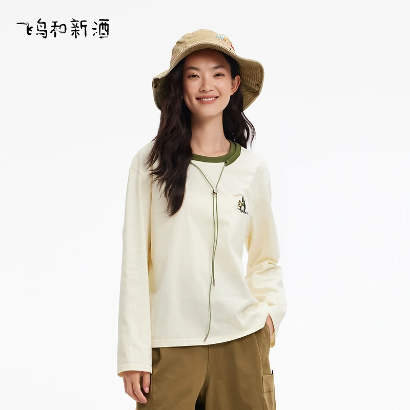 飞鸟和新酒纯棉长袖T恤女秋季短款宽松休闲圆领套头衫FD450091031