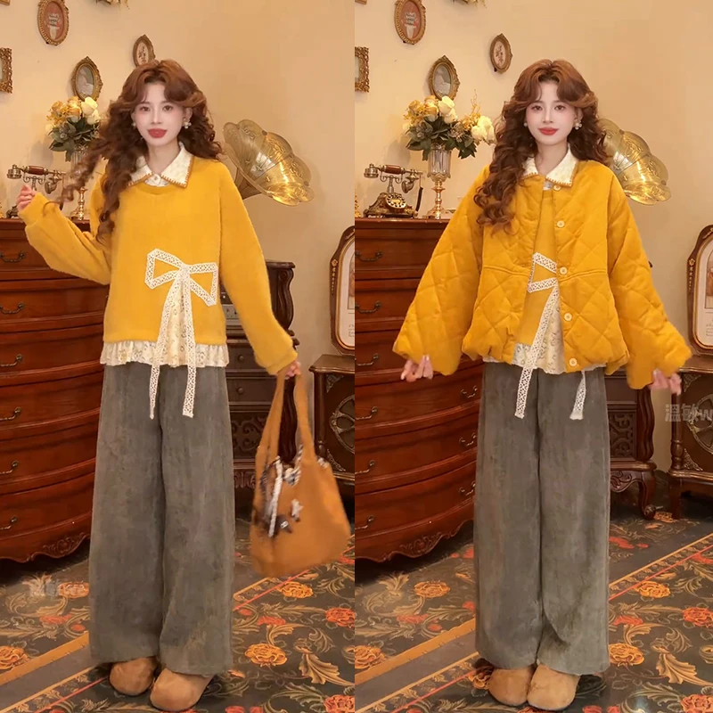 秋冬超火穿搭一整套女2025新款假两件卫衣复古棉服外套裤子三件套