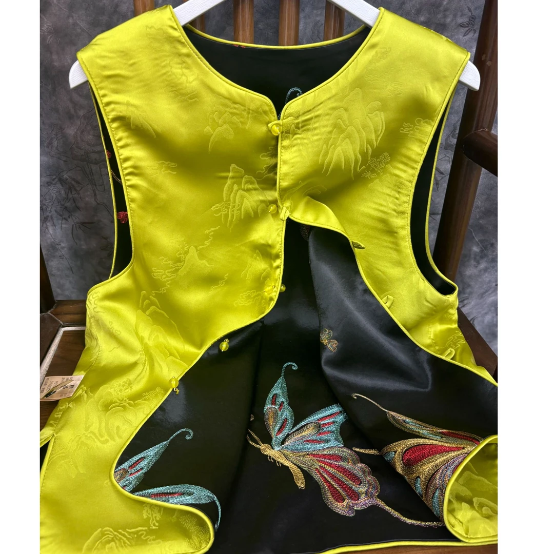 双面穿新中式国风刺绣改良旗袍盘扣马甲女外穿提花缎面马夹