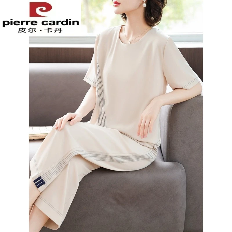 皮尔卡丹中年妈妈夏装套装贵夫人短袖雪纺T恤中老年女装休闲上衣