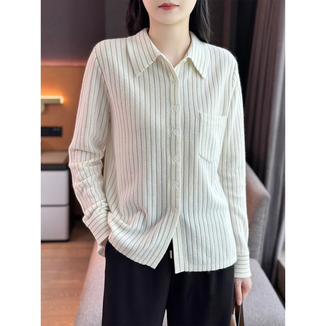 左左家 LP大簰元厂纱~轻奢细腻金丝羊绒宽松休闲翻领条纹针织衬衫