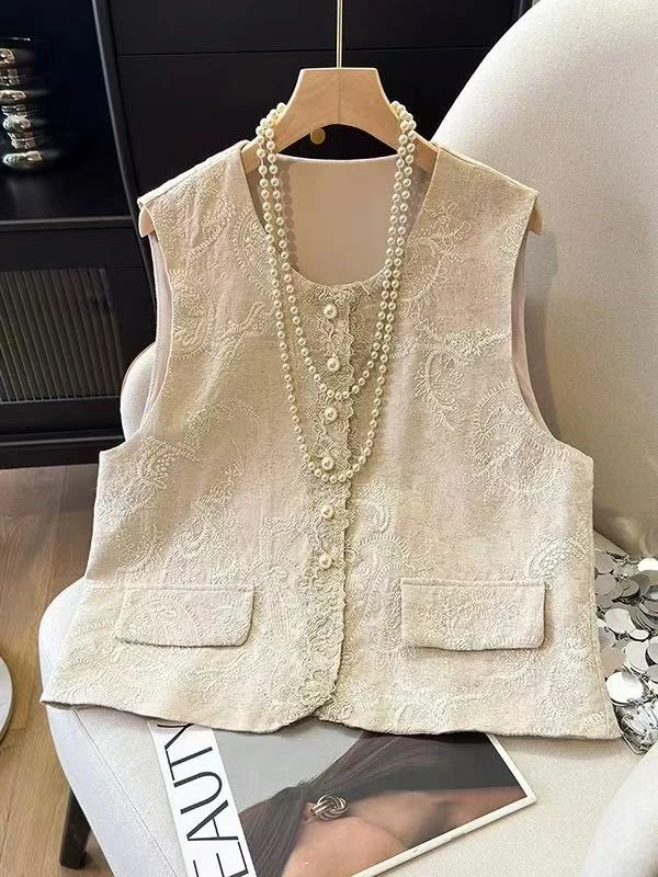 新中式国风圆领重工刺绣马甲女2025拼接小香风上衣坎肩外套