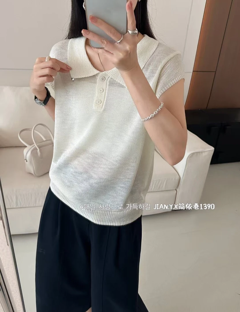 网红侘寂风翻领短袖纯色百搭常规款夏季毛针织衫无袖