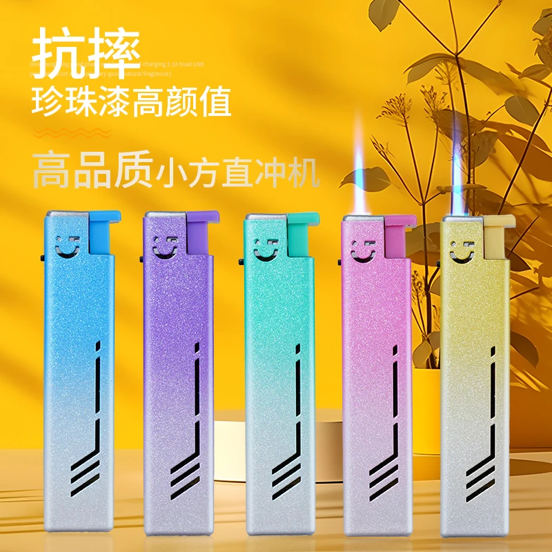 【厂家直销】新款创意方形金属蓝焰直冲防风可充气打火机适合送男友