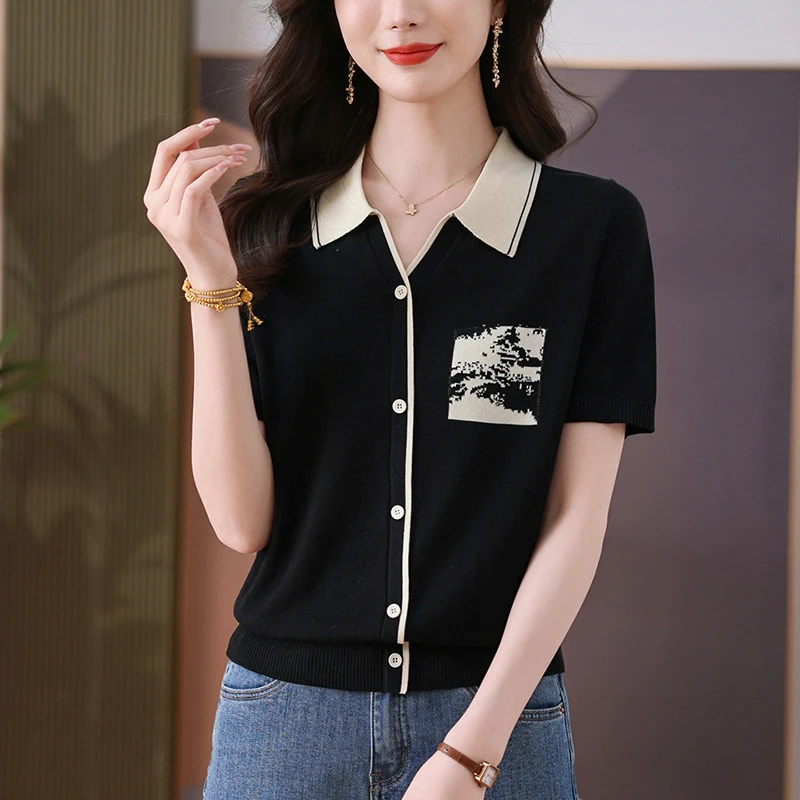 翻领冰丝针织衫女夏季气质减龄polo衫上衣2025年新款妈妈短袖t恤