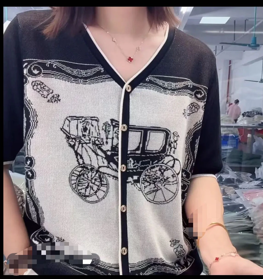 90-200斤100莱赛尔天丝复古老爷车提花假开衫短袖显瘦上衣夏季