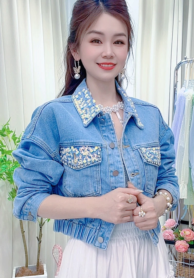 2280#重工镶砖钉珠牛仔短款外套