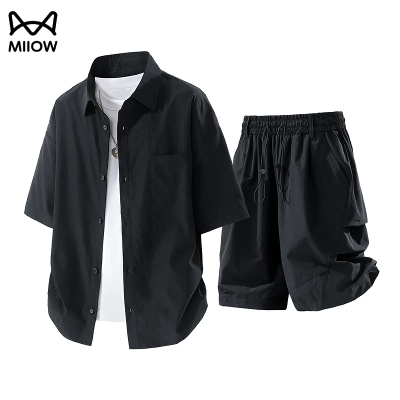 猫人套装简约纯色冰丝短袖衬衫男夏季薄款凉感衬衣宽松高级感上衣