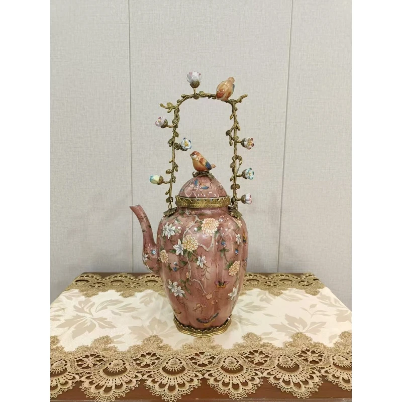 铜配瓷蝴蝶粉彩系列小鸟提壶摆件J940HC