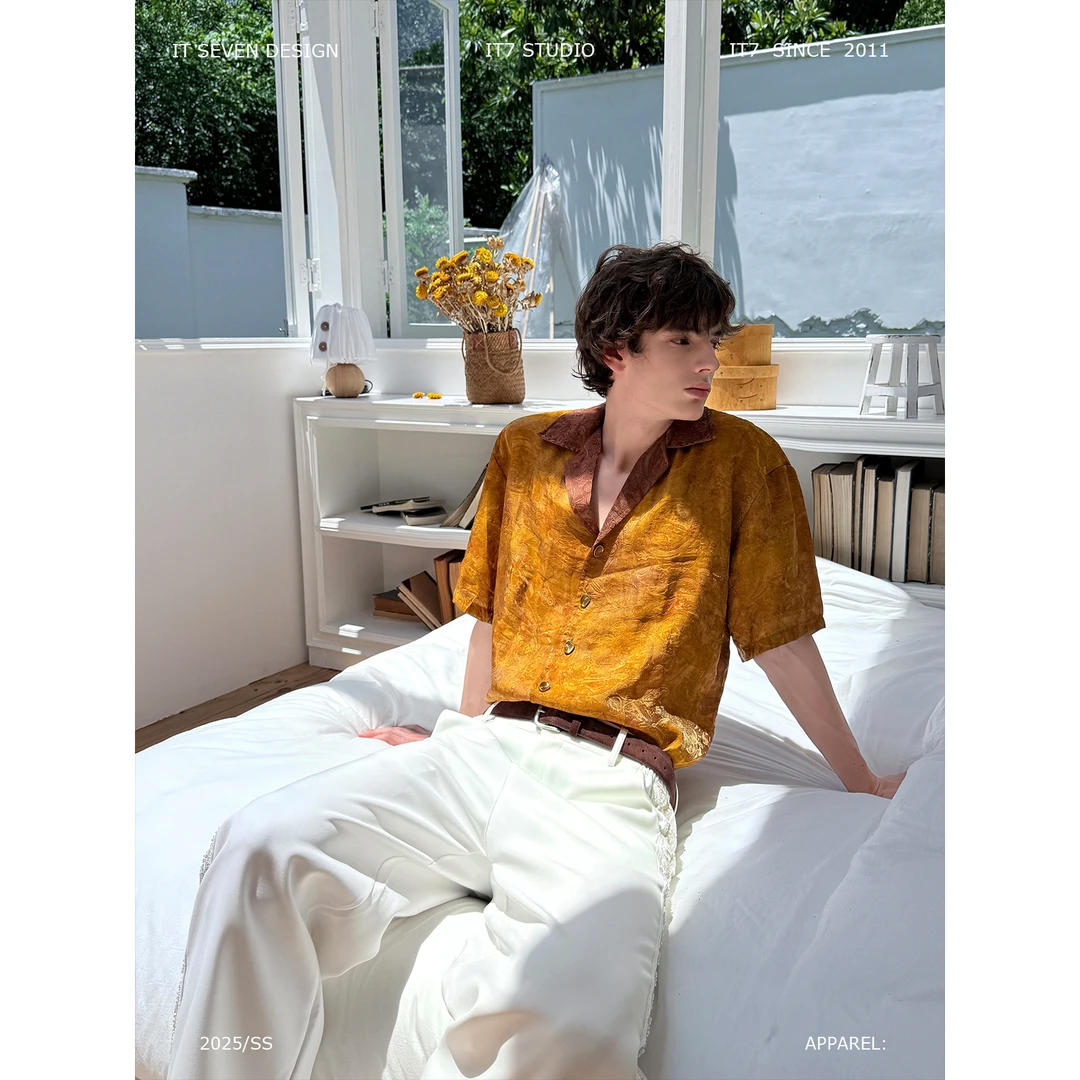 it7「鎏金佩斯利叙事」拼接古巴领设计复古感短袖衬衫