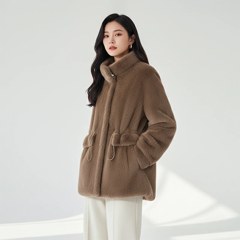 Grace&Glam 高级感仿水貂毛立领抽绳外套 法式复古时尚百搭优雅