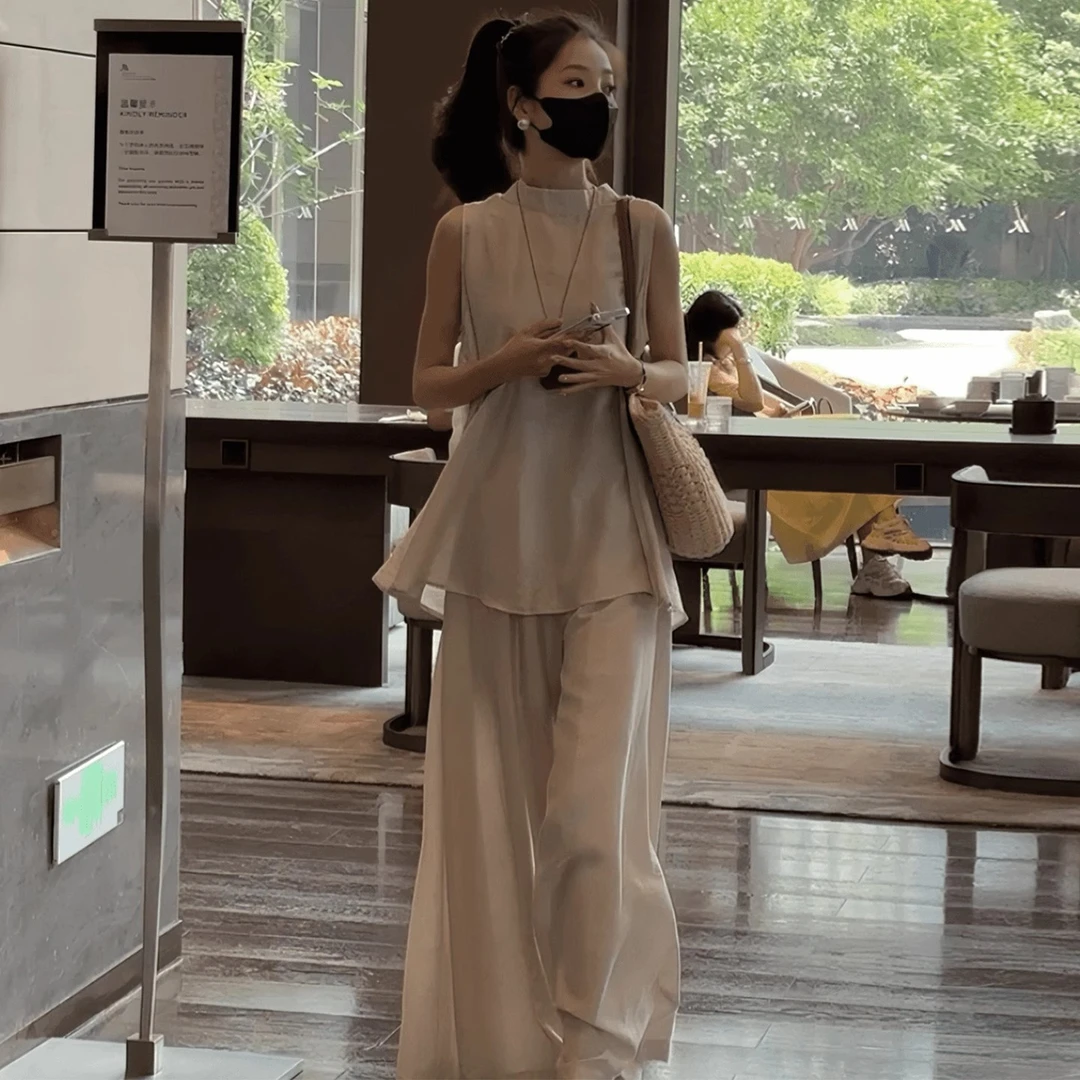 拉夏贝尔时尚套装女夏季新款洋气显瘦无袖背心上衣阔腿裤两件套潮