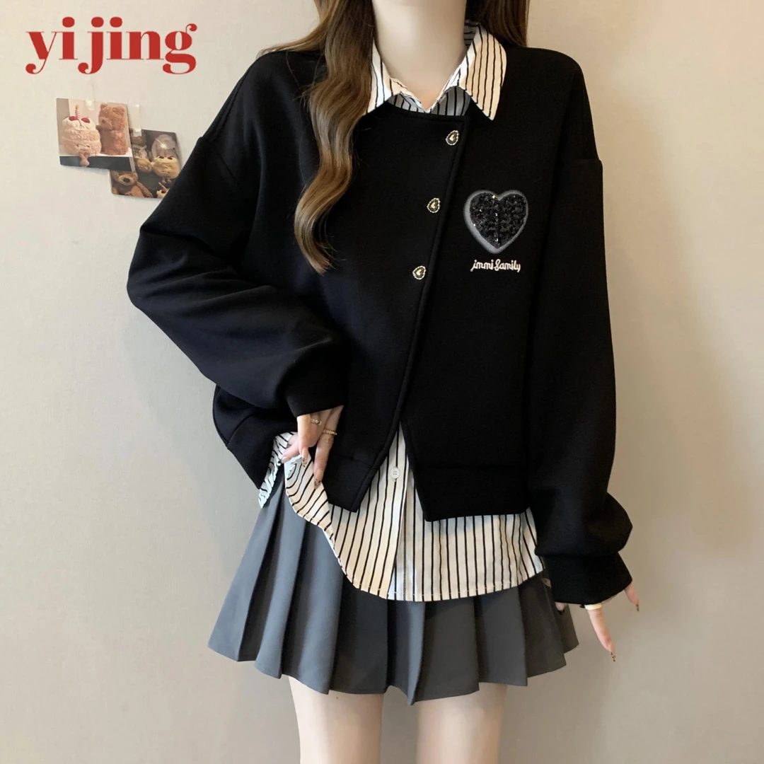 2025春秋新款爆时尚洋气拼接假两件长袖卫衣大码女装胖mm遮肚上衣